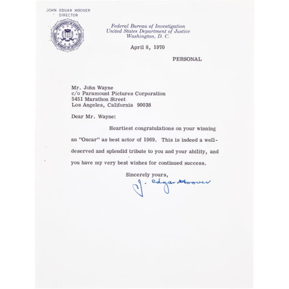 A J Edgar Hoover Signed Letter 1970 Total 1 A J Edgar Hoover Signed Letter 1970 Total 1